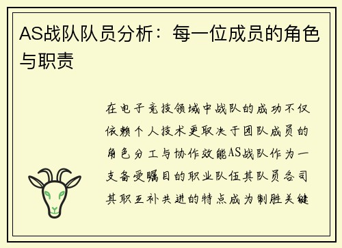 AS战队队员分析：每一位成员的角色与职责