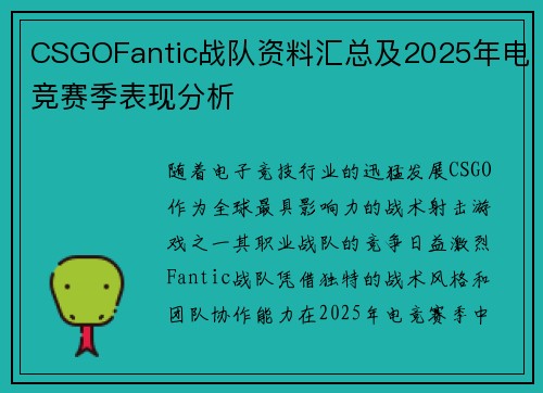 CSGOFantic战队资料汇总及2025年电竞赛季表现分析